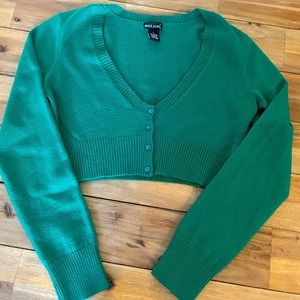 Wet Seal Cropped Cardigan Sweater, Green, Long Sleeve, V Neck,‎ Knit, Cute